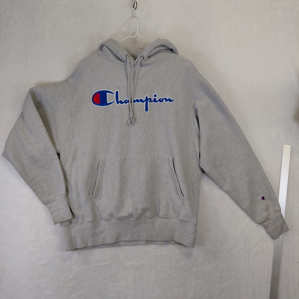 Champion Reverse Weave Hoodie Heather Gray Embroidered Script Logo Mens Large